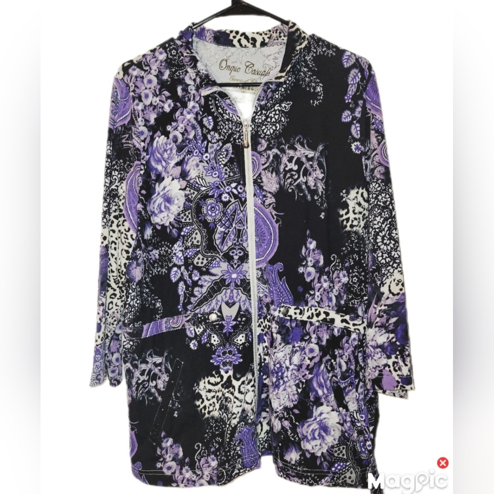 Onque Purple Black Floral Full Zip Knit Jacket Size XL